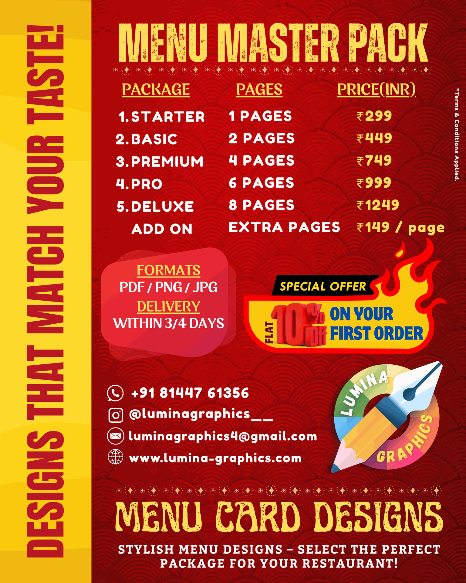 Menu Card Pricing Plans | Lumina Graphics, Menu Card Designs, Price of one menu card design, Market price of menu card designing